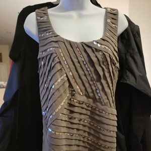 Ann Taylor Taupe Sequin Tank–Sleeveless Scoop Neck –Textured Ruffle Detail